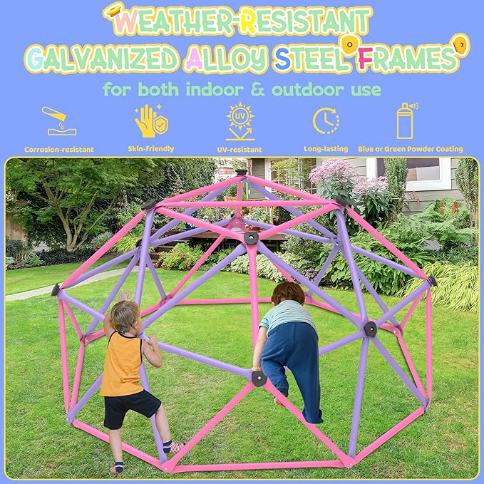 Gardenature 6FT Climbing Dome for Kids 3-8, Jungle Gym for Indoor and Outdoor, Geometric Dome Climber Supporting 440 Lbs Anti-Rust Metal Play Structure, Kids Gift Toys, ASTM Approved, Pink & Purple