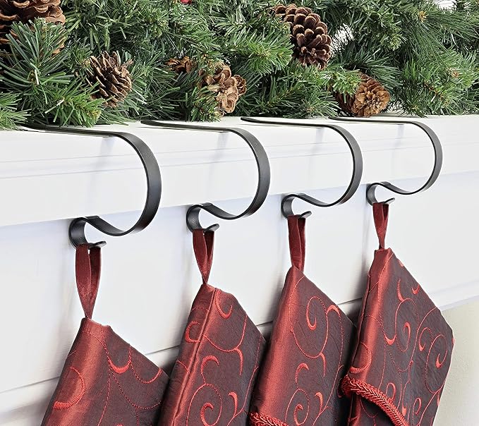 Haute Decor The Original MantleClip Stocking Holder- 4 Pack (Matte Black) - Hang Christmas Stockings Safely and Securely from Mantels Up to 3 Inches Thick