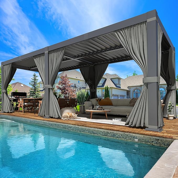 Pergola 10x20 Ft Louvered Pergola, Aluminum Outdoor Pergolas W/Adjustable Roof, Waterproof Curtains and Nets, Outdoor Gazebo for Deck,Patio,Backyard and Garden