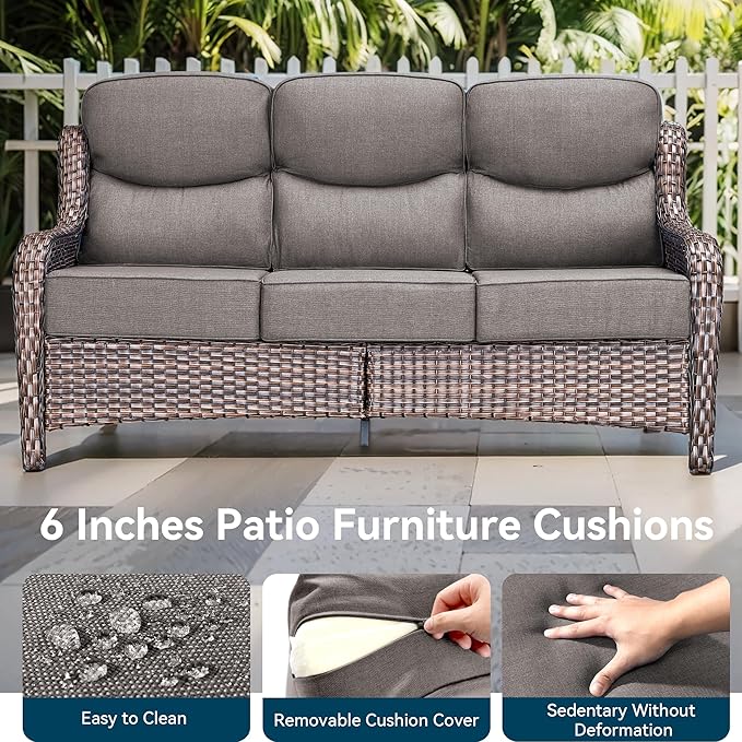 Luxury High Back Outdoor Furniture with 6-Inch Thick Cushions, Patio Furniture Set with Swivel Chairs, 7 PCS Wicker Conversation Set for Porch, Balcony, Deck and Yard