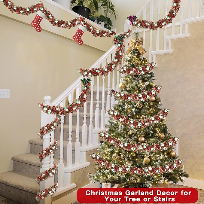 50FT Red Green Christmas Tinsel Garland with Snowman Ornaments, Metallic Xmas Christmas Tree Garland Decorations Indoor Outdoor for Home Fireplace Mantle Stair Office Classroom Party Holiday Decor