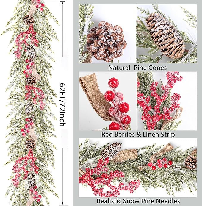Christmas Garland with 50 Lights for Mantle - 6 Ft Snowy Cedar Garland with Pine Cones Red Berries Artificial Greenery Garlands with Timer, Prelit Garland for Holiday Table Centerpiece