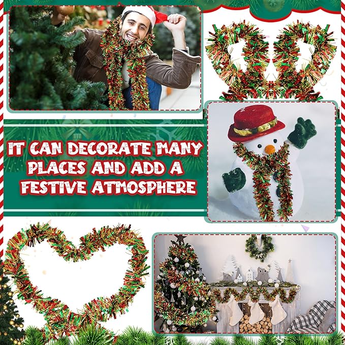 177 Feet Christmas Tinsel Garland Metallic Shiny Hanging Christmas Tree Tinsel Garland Ornaments for Indoor Outdoor Party Wedding Holiday(Red Green Gold)