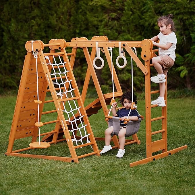 Avenlur 8-in-1 Small Indoor/Outdoor Playset ? Foldable Wooden Kids Play Set for Backyard ? Kid Playground for Toddlers Age 2?6 with Slide, Monkey Bars, 2 Ladders, 2 Swings, Rock Climbing, Gym Rings