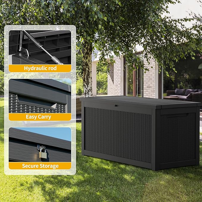 Mersco 320 Gallon Double-Wall Resin Deck Box - Lockable Waterproof Outdoor Storage Box, 1000lbs Capacity & Doubles as Seating for Patio Furnitures, Garden Tools, Pool Accessories (Black)