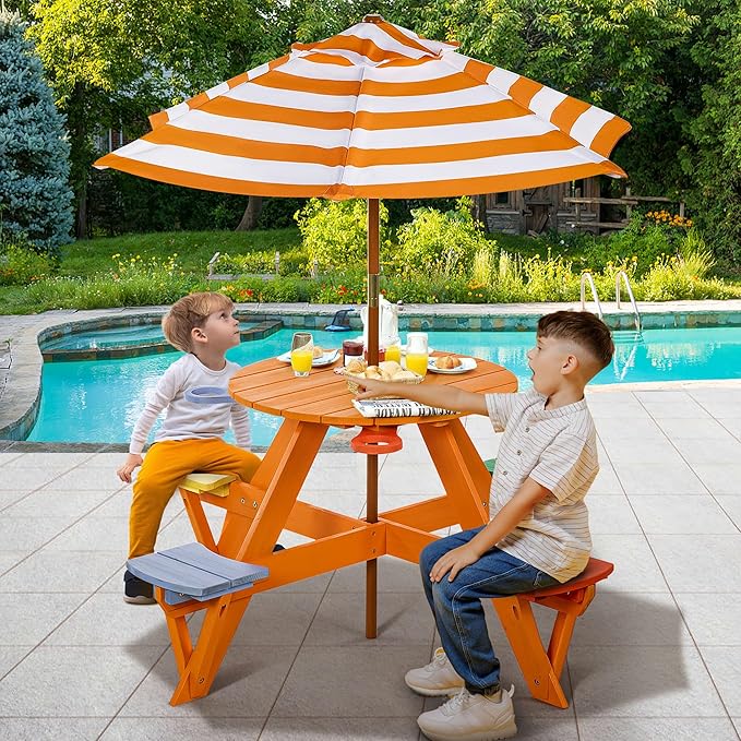 Kids Picnic Table & Stool Set, Outdoor Wood Round Table & 4 Bench, Toddler Picnic Table Set w/Height Adjustable Umbrella, Children Activity Table w/Cup Holders for Patio, Garden, Backyard