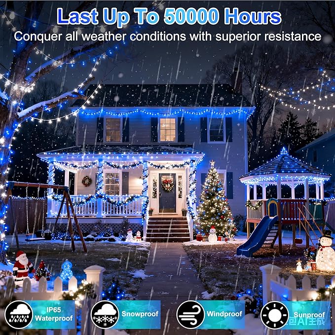 750 LED 240FT Christmas String Lights Outdoor, 12 Pro Modes and Timer Memory & Brightness, Plug in Waterproof Dark Green Wire Twinkle Light for for Xmas Yard Tree Wedding Party Decor (Blue & White)