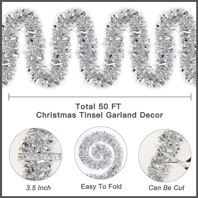 50FT Silver Christmas Tinsel Garland Metallic Twist Shiny Garland for Christmas Tree Decorations, Xmas Holiday Hanging Decor for Home Mantle Stair Indoor Outdoor Holiday Party Supplies Decor