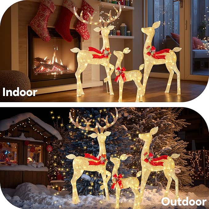 JOYIN Outdoor Christmas Decorations for Yard, 3 Pcs Lighted Christmas Deer Family Set, 3 4 5FT Warm White LED Lights Christmas Yard Decor, 3D Reindeer with Ground Stakes for Lawn Garden Porch Holiday