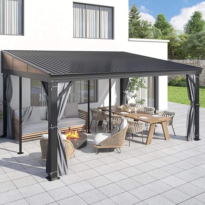 COVERONICS 12' X 16' Outdoor Lean to Gazebo - Wall-Mounted Aluminum Frame Gazebo with Slope Metal Roof, Patio Heavy-Duty Lean to Pergola with Netting & Curtains for Garden, Backyard, Deck