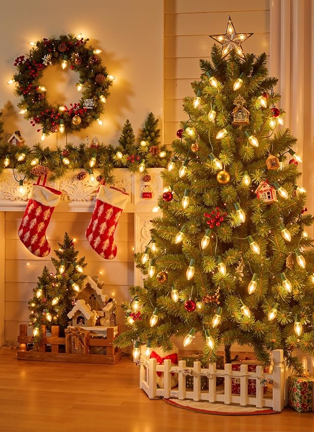 Vintage C9 LED Christmas Lights Outdoor, 200 Ft C9 String Lights with 200 Shatterproof Warm White Bulbs, Waterproof Connectable Christmas Tree Lights for Roofline Holiday Garden Party Xmas Decorations