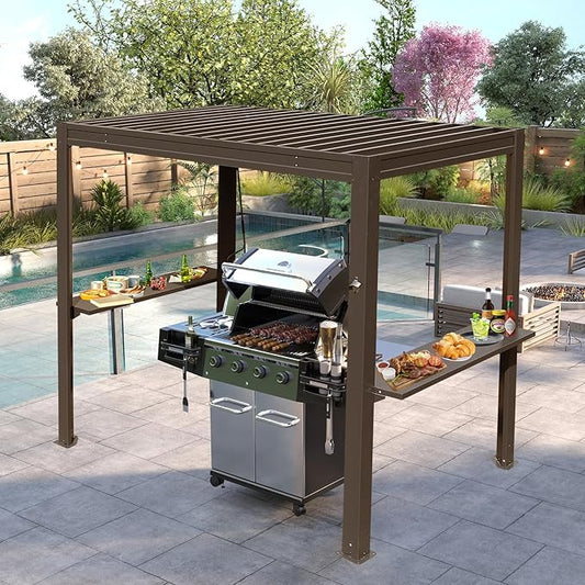 8x5 FT Grill Louvered Pergola for Outdoor Grill, Hardtop Grill Pergola with Built-in Gutter & Adjustable Rainproof Roof, Metal Shelter Gazebo for Patio Backyard Deck -Brown