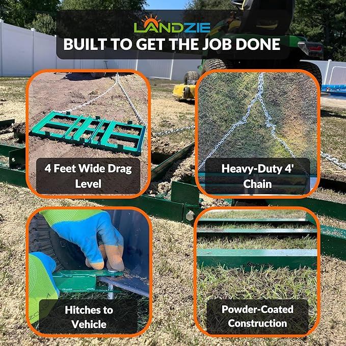 LANDZIE - The Original 4FT Drag Harrow Driveway Grader, 46 LB Heavy Duty Tow Behind Lawn and Landscape Rake, Gravel Driveway Drag, Power Rake , Lawn Leveler