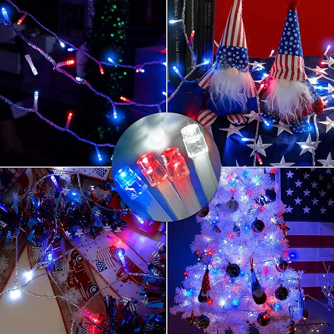 kemooie 4th of July Decorations Lights, 500 LED Red White and Blue Lights, 164FT 8 Twinkle Modes Plug in Waterproof for Outdoor Patio Balcony Garden Christmas 4th of July Decorations