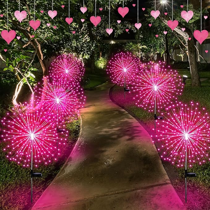 6 Pack Pink Christmas Solar Firework Lights 180 LED 8 Lighting Modes Waterproof Outdoor Decorative Solar Lights for Xmas Wedding Valentine Birthday Garden Patio Yard Pathway Walkway Lawn Decor