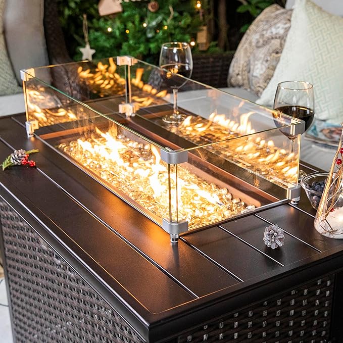 Nuu Garden Outdoor 43 Inch 50,000 BTU Propane Fire Pit Table, CSA Certified Patio Propane Fire Pit with Wind Guard, Lid, Oxford Cover, 7 lbs Glass Stone, Dark Brown