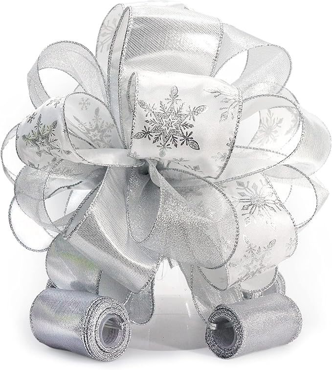 CT CRAFT LLC Sliver Snowflake Less Glitter Christmas Tree Topper Bow 11" with 4 Ribbon Streamers x 3 Yards Long Each for Holidy Elegant Fancy Home Décor Indoor