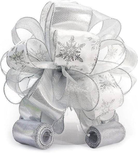CT CRAFT LLC Sliver Snowflake Less Glitter Christmas Tree Topper Bow 11" with 4 Ribbon Streamers x 3 Yards Long Each for Holidy Elegant Fancy Home Décor Indoor