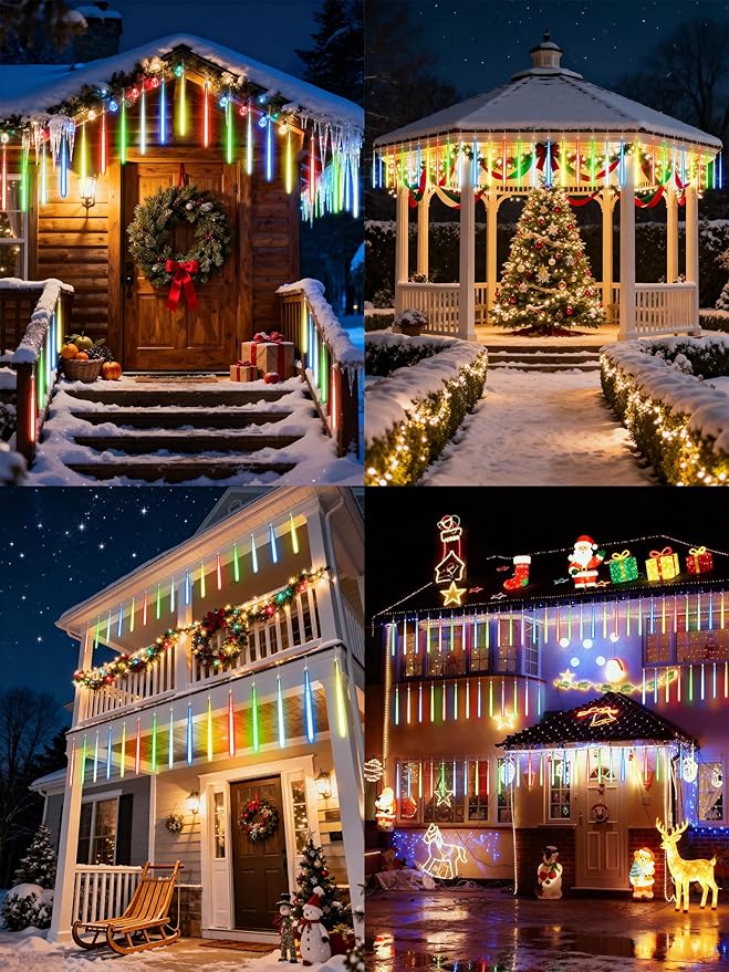Flacchi Meteor Shower Icicle Lights - 5 Tubes 20" Each 270 LED Cascading Raindrop Lights, Timer Outdoor Waterproof Christmas Decorations for Holiday Party(5 in 1 Multi-Colored)