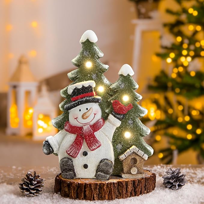 Christmas Snowman Decor with Led Lights,Snowman Statues and Figurines for Indoor Christmas Decorations,Winter Holiday Xmas gifts for Women,Xmas Statues with Timer for home Office Table Shelf Fireplace