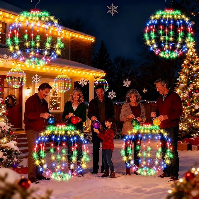 Joomer 2 Pack Christmas Big Ball Lights, 20IN & 18IN Foldable Metal Sphere Lights Waterproof with Timer, Plug-in Hanging Tree Globe Light for Christmas Decorations-Multicolor (Non-connectable)