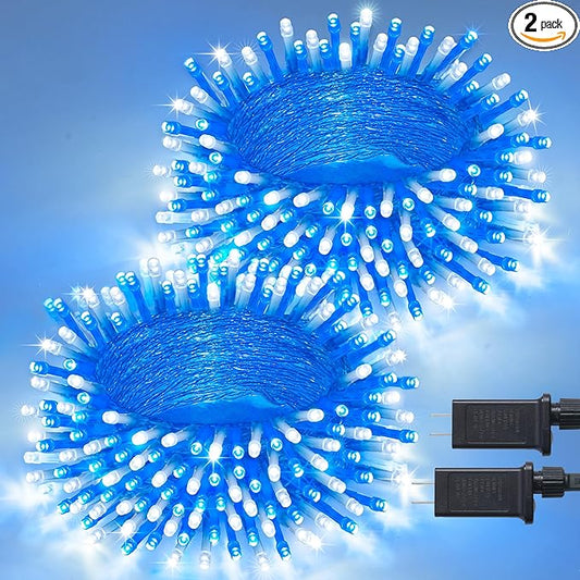 JMEXSUSS 2 Pack 100 LED Blue and White Christmas Lights, 33ft 8 Modes Christmas String Lights Indoor Outdoor, Clear Wire Plug in Twinkle Light for Xmas Bedroom Party Decorations