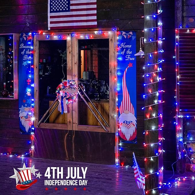 JMEXSUSS 2 Pack 100 LED Red White and Blue Lights, 33ft Connectable 4th of July Lights Outdoor, 8 Modes Patriotic String Lights Indoor for Independence Day 4th of July Memorial Day Holiday Decor