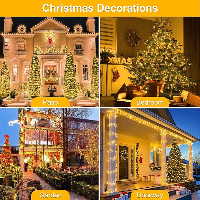 66FT 200 LED Connectable Christmas Tree Lights, End-to-End Plug 8 Modes Indoor Lights with Timer, Outdoor Indoor Fairy Lights Christmas Tree, Patio, Garden, Party, Wedding, Holiday (Warm White)