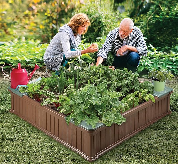 Badger Basket 2 in 1 Sandbox & Garden Planter - Easy Assembly Outdoor Sensory Play and Planting Box - Durable Woodgrain Plastic with Cover & Liner - (48.75 x 48.75 x 12.01)