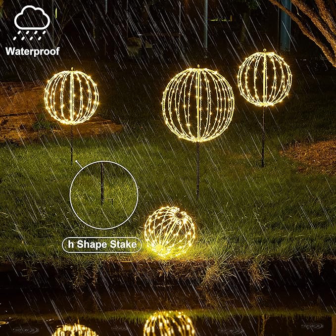LIGHTSHARE 10IN 48LED Light Ball Yard Decoration Pathway Lights Sphere Light with Fold Flat Metal Frame Indoor Outdoor Waterproof Garden Lights, White Frame / Warm White Lights, 10