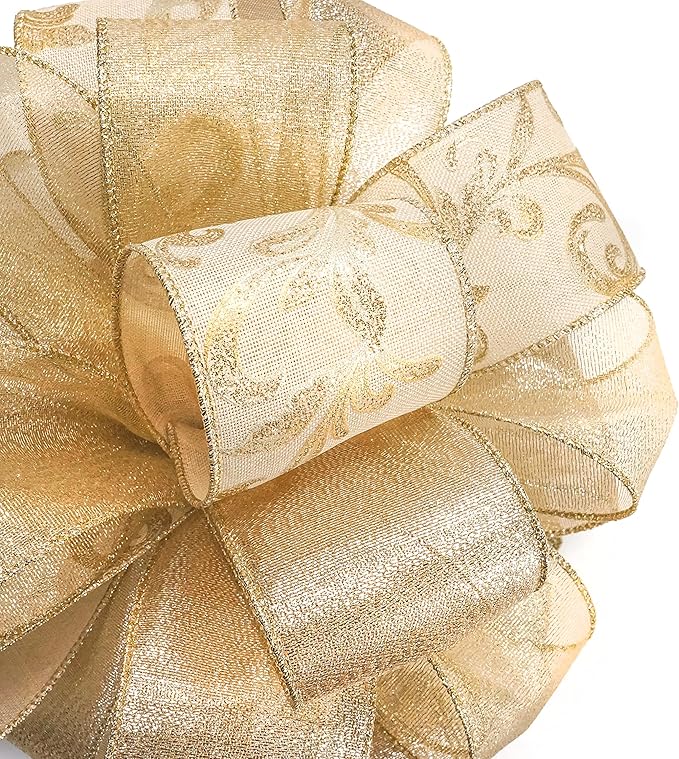CT CRAFT LLC Champagne Gold Swirl Less Glitter Christmas Tree Topper Bow 11" with 4 Ribbon Streamers x 3 Yards Long Each for Holidy Elegant Fancy Home Décor Indoor