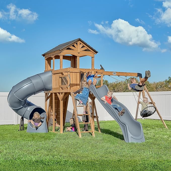 Backyard Discovery Dover Bay Spruce Wood Swing Set with Spiral Tube Slide, Wave Slide, Clubhouse, Rock Wall, Belt Swings, Step Ladder, Toy Telescope, Chalkboard, Outdoor Playset