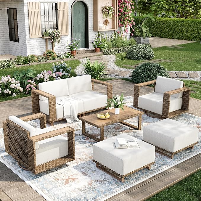 Outdoor Patio Furniture Set, 7 Piece Outdoor Rattan Wicker Sofa Couch, Conversation Sets with 2 Swivel Sofa, 2 Armchairs, 2 Ottomansand Coffee Table for Deck Backyard Lawn