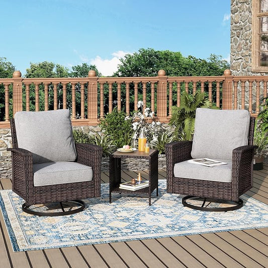 Outdoor Swivel Patio Chairs Set of 2 with Side Table, 3 Piece Wicker Highback Patio Bistro Set with Cushions for Deck Porch and Yard, Light Grey