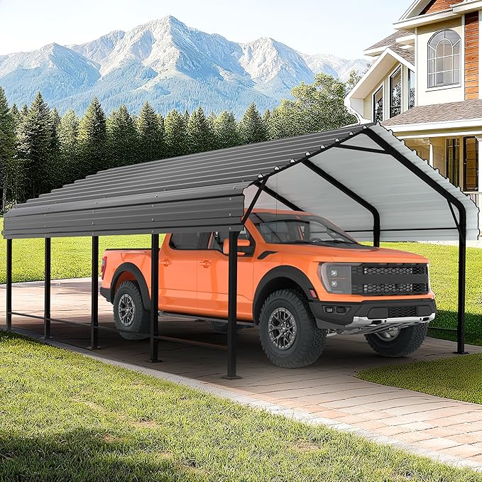 JAMFLY Carport, Heavy Duty Carport Canopy with Galvanized Steel Roof and Frame, Metal Car Garage Upgraded Extra Large Garage for Pickup, Boat, Car and Tractors, 12x20FT