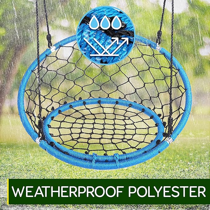 SereneLife Hanging Netted Seat Swing - 35.5 Inch Kids Indoor Outdoor Yard Round Circle Saucer Swing for Trees or Swing Sets - All Season UV Resistant Rope Swing Net Seat - SLSWNG125