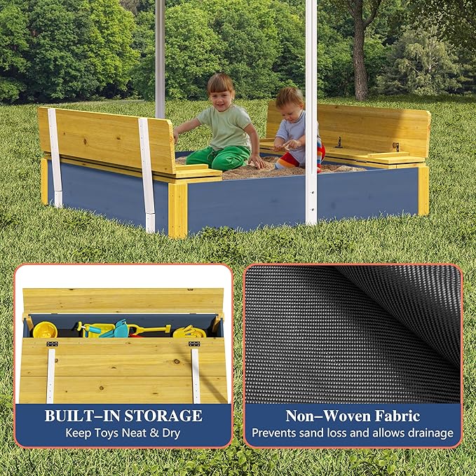 Kids Sandbox with Lid, Wooden Sand Box with Cover Adjustable Canopy, Storage,and Bottom Liner, for Backyard Outdoor Playgrounds Equipment Ages 4-8
