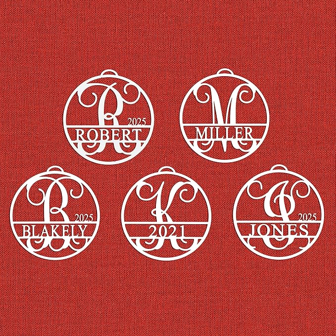 Set of 5 Personalized Circle Monogram Christmas Ornaments – 2025 Letter Ornaments for Christmas Tree – Custom White, Silver, or Gold Holiday Decorations for Home or Gift 4 inch