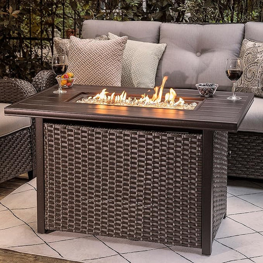 Nuu Garden 43 Propane Fire Pit Table, 50,000 BTU CSA Certified Outdoor Gas Fire Pit with Aluminum Tabletop, Removable Lid, 7 lbs Glass Rocks & Waterproof Oxford Cover, Brown