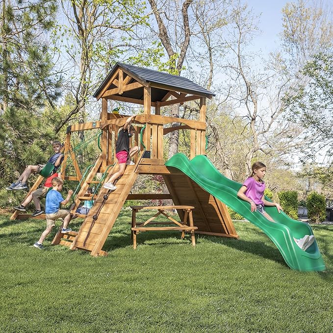 Backyard Discovery Endeavor II Cedar Wood Swing Set with Wave Slide, Play Deck, Double Rock Wall, Picnic Table, Climbing Wall, Belt Swings, Web Swing, Toy Telescope, Step Ladder, Outdoor Playset