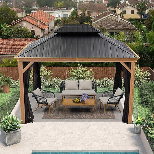 PURPLE LEAF 10' X 12' Outdoor Hardtop Gazebo for Patio Galvanized Steel Double Roof Permanent Canopy Teak Finish Coated Aluminum Frame Pavilion Gazebo with Netting