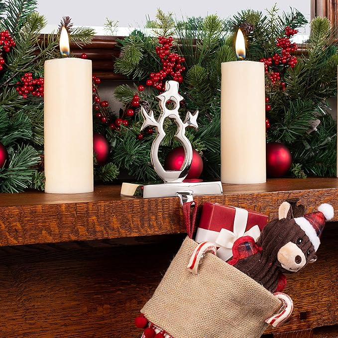 BIRDROCK HOME Whimsical Snowman Stocking Holder for Mantle – Holiday Christmas Decorations – Hanger for Stockings – Stainless Steel Hooks Fireplace Topper Stairs – Decorative Heavy Stand - Silver