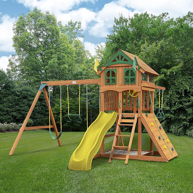 Gorilla Playsets 01-1066-Y Outing Wood Swing Set with Wood Roof and Trapeze Arm - Yellow Slide