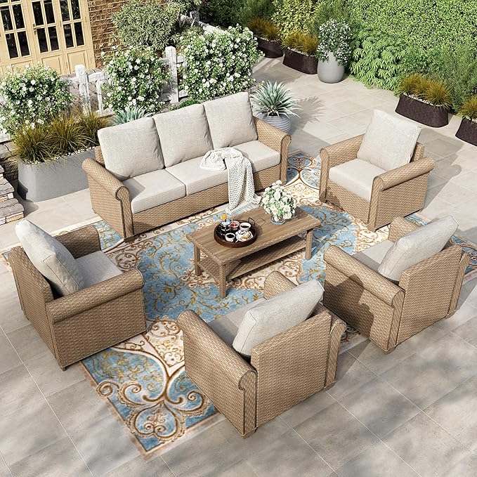 HERA'S HOUSE 6 Pieces Patio Furniture Sets, Outdoor Rattan Furniture with 5.5" Cushions, Oversized Outdoor Wicker Sectional Conversation Set for Lawn Garden Backyard, Beige
