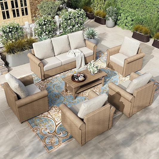 HERA'S HOUSE 6 Pieces Patio Furniture Sets, Outdoor Rattan Furniture with 5.5" Cushions, Oversized Outdoor Wicker Sectional Conversation Set for Lawn Garden Backyard, Beige