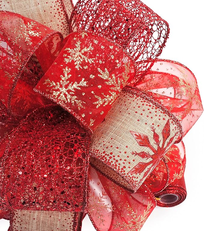 CT CRAFT LLC Red Snowflake Christmas Tree Topper Bow 11" with 4 Ribbon Streamers x 3 Yards Long Each for Holidy Elegant Fancy Home Décor Indoor