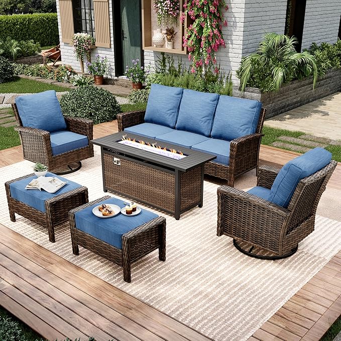 Outdoor Patio Furniture Set, 5 Pics Wicker Rattan Sectional Sofa Patio Conversation Set with Fire Pit Table & Ottoman & Swivel Chair, High Back 3 Seater Sofa with 5.5'' Thick Cusions, Navy Blue