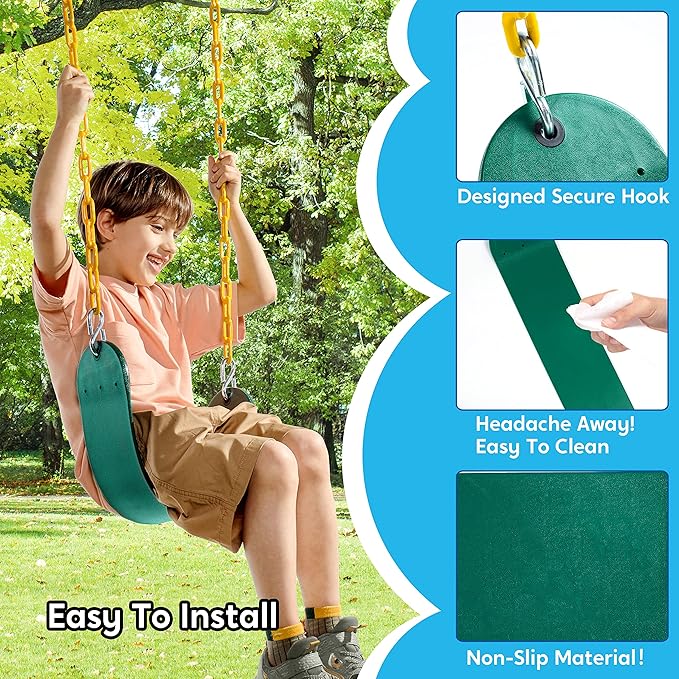 TURFEE Heavy Duty Swing Seat Green Color with 66¡± Chain, Swing Set Accessories Replacement with Snap Hooks for Kids Outdoor Play Playground