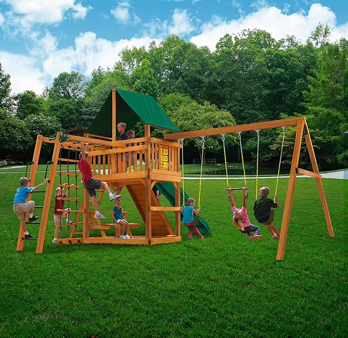 Gorilla Playsets 01-0020-AP-1 Navigator Wooden Swing Set with Deluxe Green Vinyl Canopy, Monkey Bars, Swings, and Slide, Brown