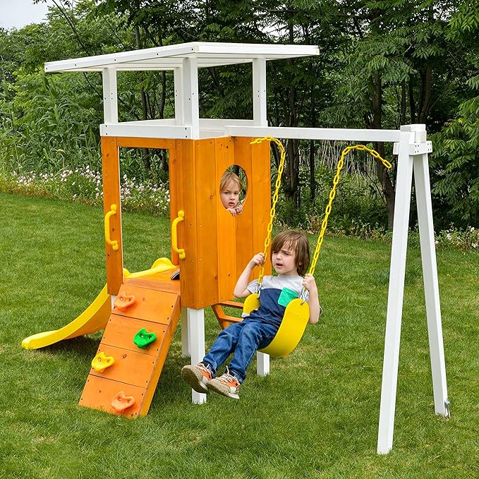 Avenlur Forest Modern Toddler Swing Set: Endless Fun for Ages 18 Months to 4-5 Years - Slide, Rock Wall, Ladder, Clubhouse Fort, Durable Swing - Easy Climbing Handles - Premium Quality!